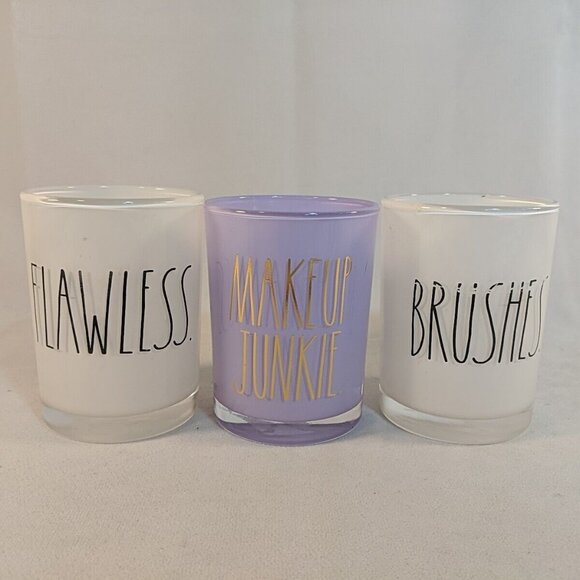 Rae Dunn 3 Set Makeup Junkie Brushes Glass Cup Holders Flawless White Purple - Picture 1 of 15